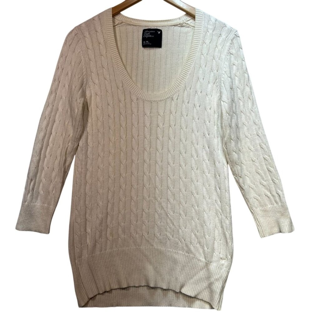 American Eagle Women's Scoop Neck Fisherman Sweater Cable Knit Size XL Ivory